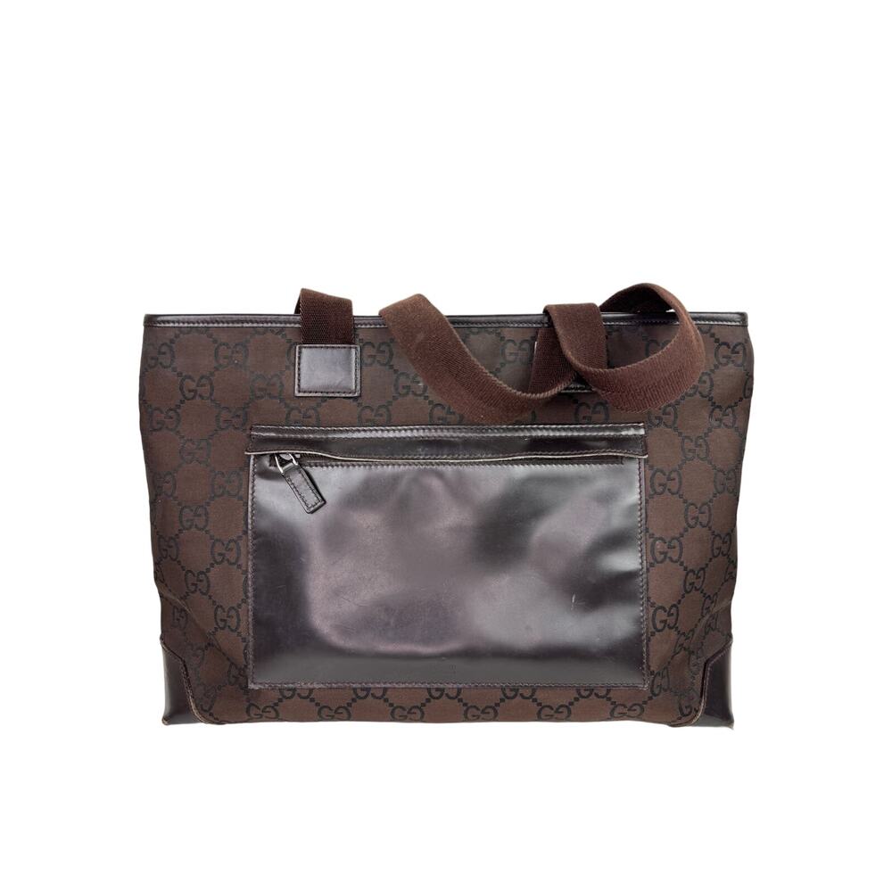 GUCCI 180449 502752 Handbag GG Sprem Logo Engraved Canvas Leather Tote Bag USED